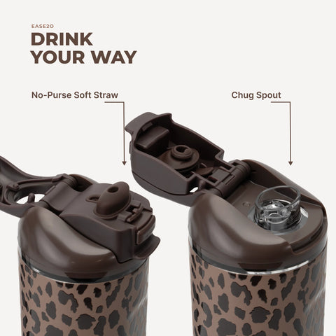 Ease2o 32oz | Compact Water Bottle with Straw & Chug Spout – Brown Leopard